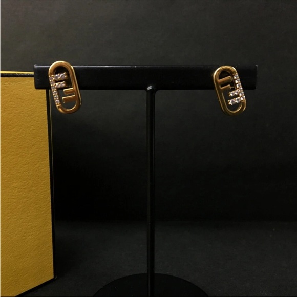 Fendi Jewelry - FENDI FF Logo Rhinestone Gold Tone Pierced Earrings